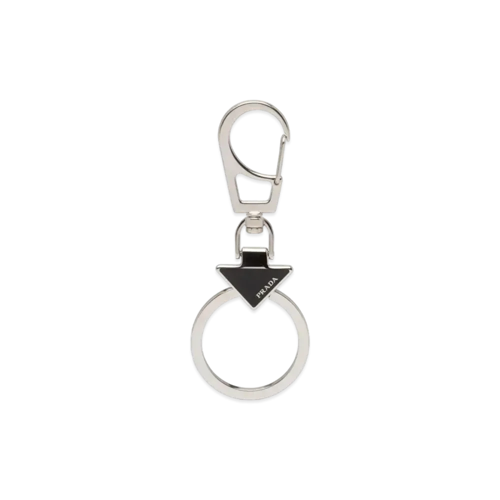PRADA Enameled Metal Triangle Logo Keychain "Black"