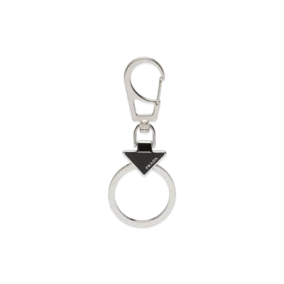 PRADA Enameled Metal Triangle Logo Keychain "Black"