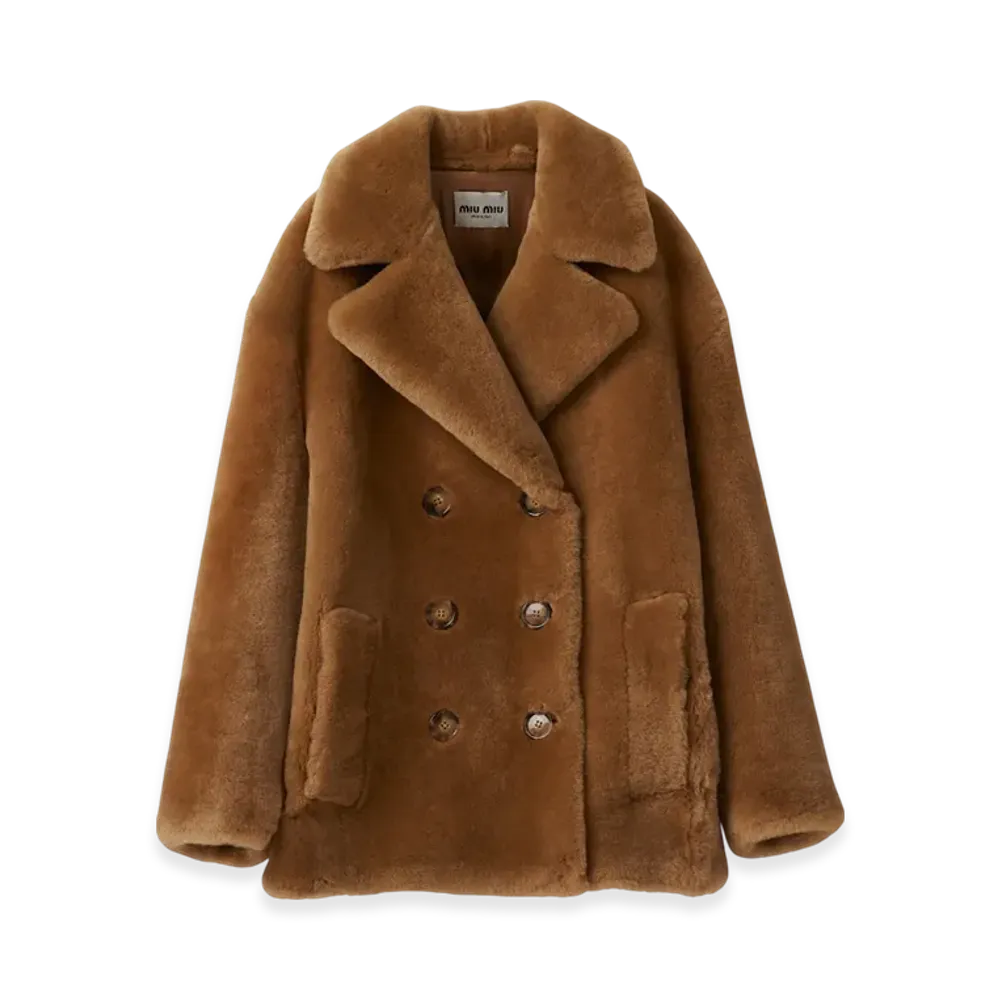 MIU MIU Women's Double Breasted Shearling Jacket "Sand Beige"