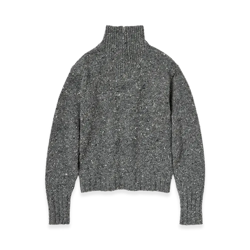 AURALEE Low-Gauge Homespun Tweed Knit Zip Turtle "Top Charcoal"
