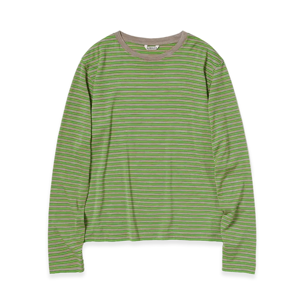 AURALEE Women's Soft Smooth Wool Stripe Jersey L/S Tee "Green Stripe"