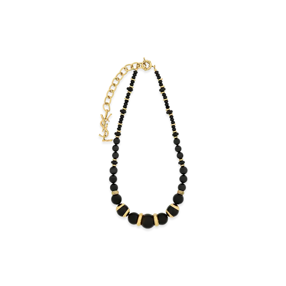 Saint Laurent Women's Loulou Bead Necklace In Wood, Resin, And Metal "Marron/Noir/Or"