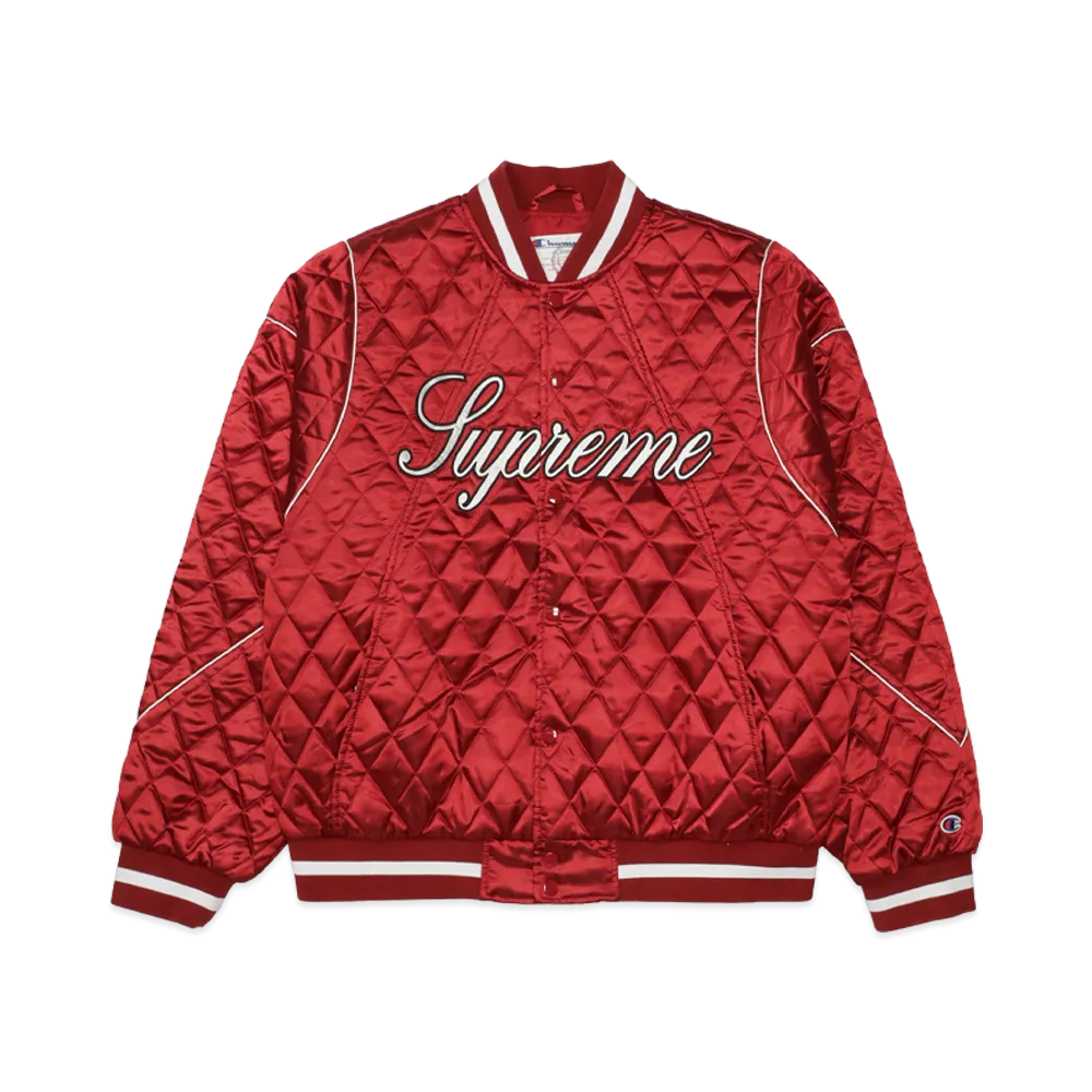 Supreme x Champion Quilted Satin Varsity Jacket "Dark Red"