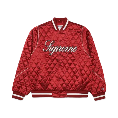 Supreme x Champion Quilted Satin Varsity Jacket "Dark Red"