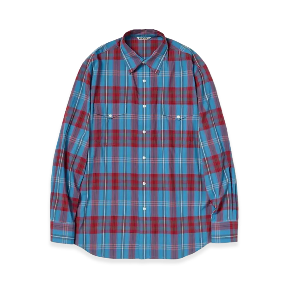 AURALEE Women's High Twist Cotton Silk Check Shirt "Blue Check"