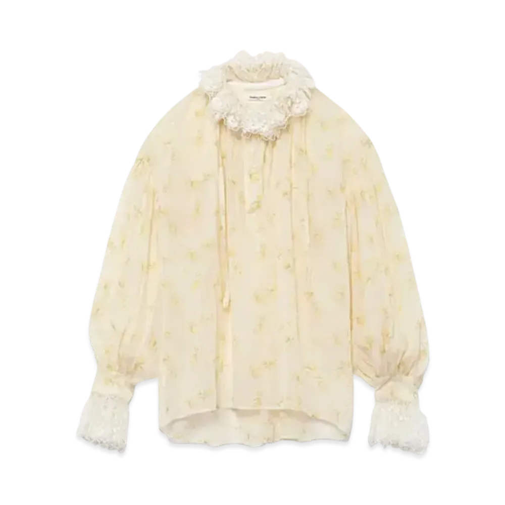 FUMIKA UCHIDA Flower Printed Ruffle High-neck Blouse "Off White"