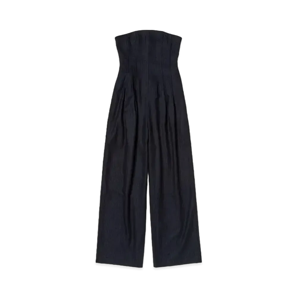 AURALEE Wool Fulling Flannel Stripe Jumpsuit "Top Dark Navy"