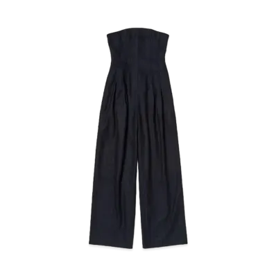AURALEE Wool Fulling Flannel Stripe Jumpsuit "Top Dark Navy"