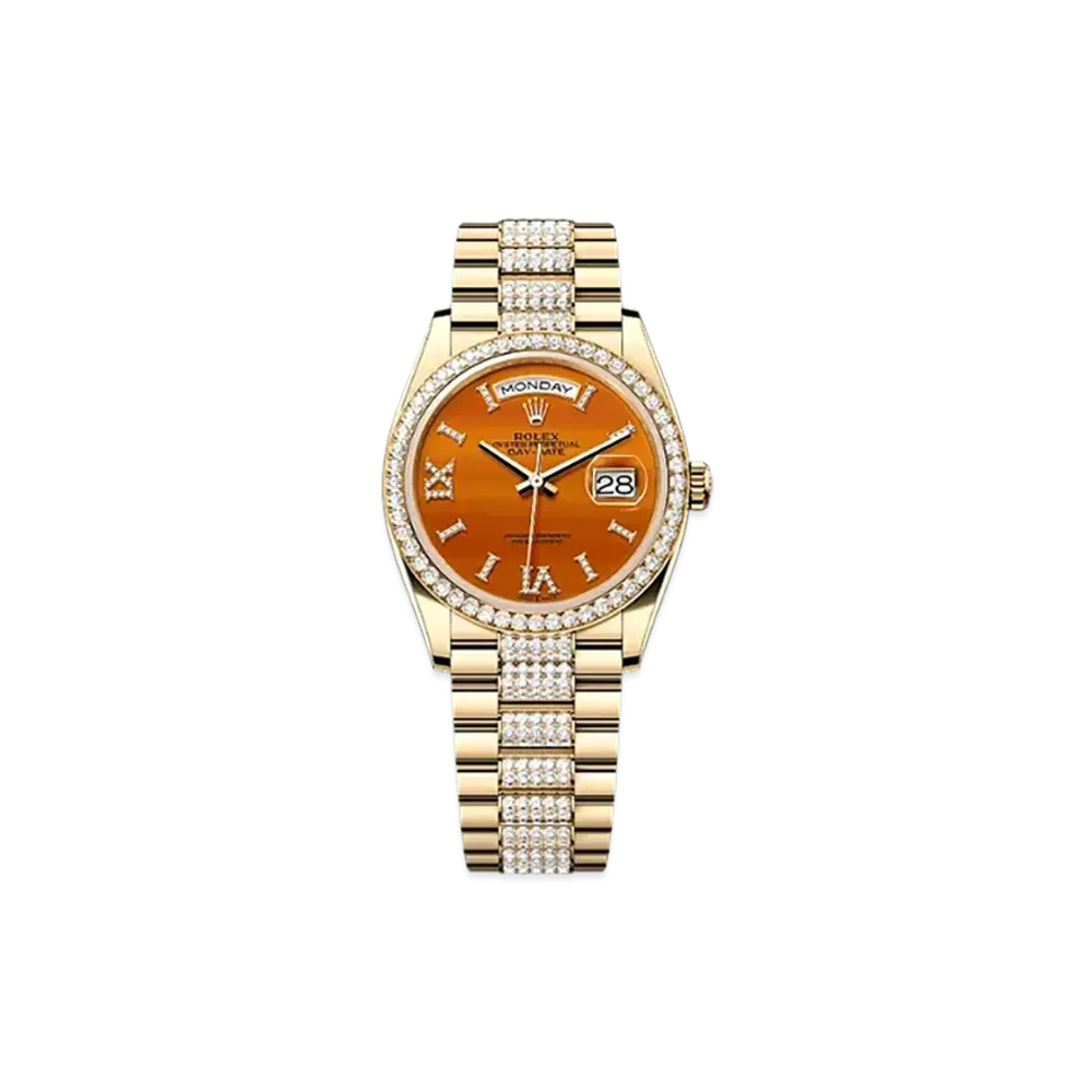 ROLEX Day-Date 36mm Yellow Gold Diamond 128348RBR "Carnelian"