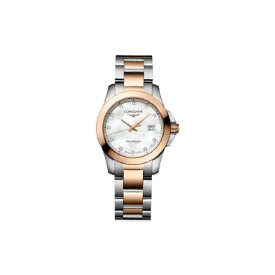 Longines Conquest 29.50mm "White Mother-of-Pearl/Red/Stainless Steel" L3.376.3.88.7