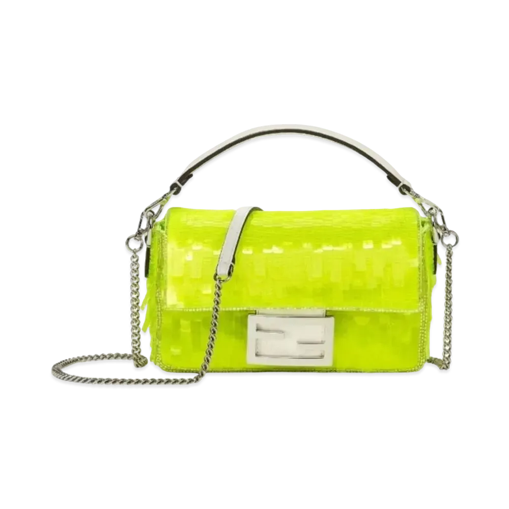 FENDI Baguette Mini Elaphe and Sequin Bag "Neon Yellow"