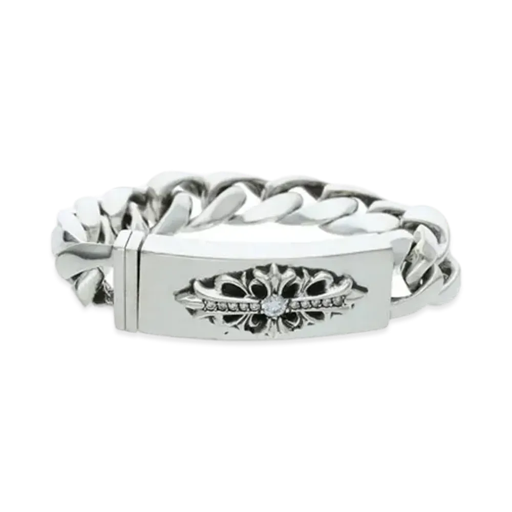 Chrome Hearts Floral Cross Classic Link ID Bracelet Pave Diamonds "Silver/Clear"