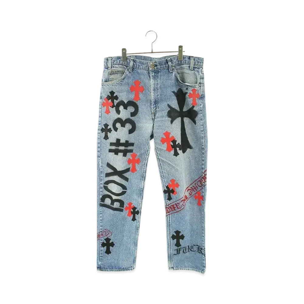 Chrome Hearts x Levi's Stencil Paint Design Cross Patch Denim Pants "Indigo/Red/Black"