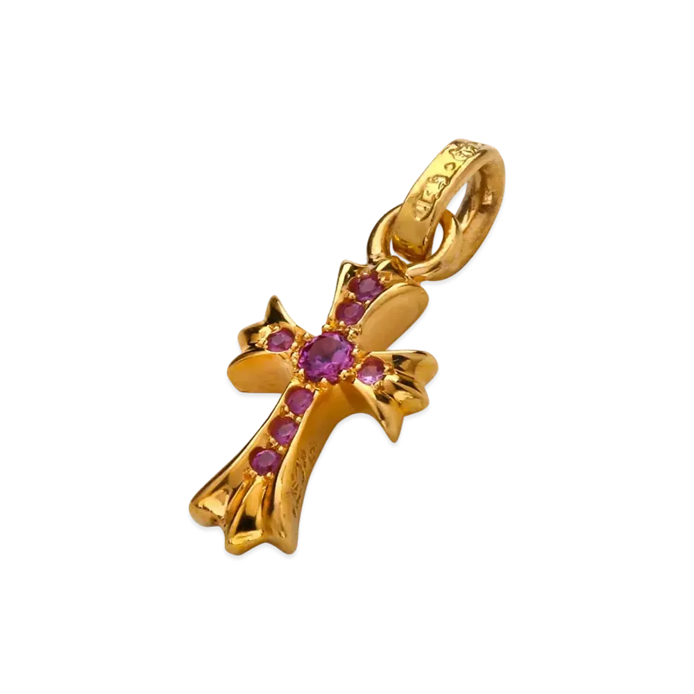 Chrome Hearts 22K CH Cross Baby Fat Charm with Pave Pink Sapphire "Yellow Gold"