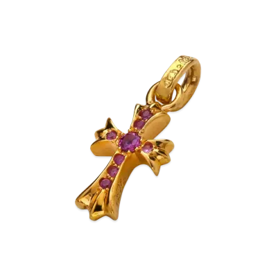 Chrome Hearts 22K CH Cross Baby Fat Charm with Pave Pink Sapphire "Yellow Gold"