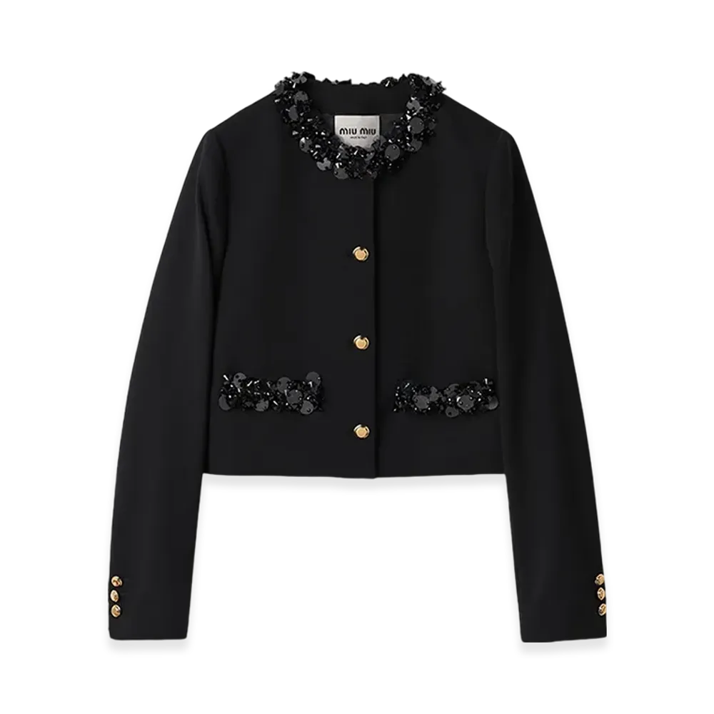 MIU MIU Women's Embroidered Single-Breasted Grain De Poudre Jacket "Black"