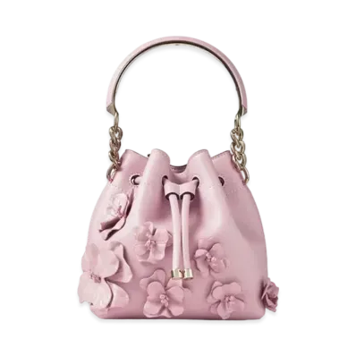 Jimmy Choo Bon Bon Bucket/S Calf Leather Mini Bucket Bag With Flowers "Rose/Light Gold"