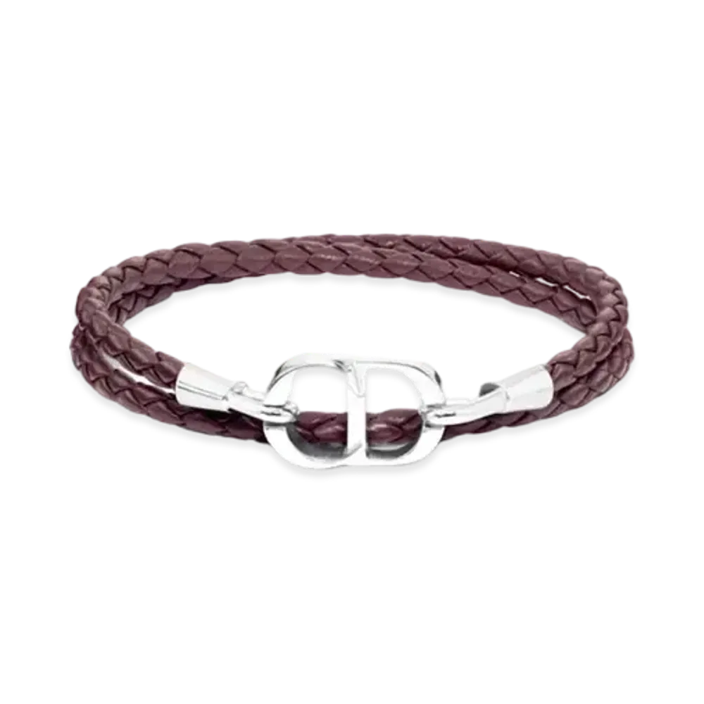 Dior CD Icon Braided Leather Double Bracelet Lambskin and Brass "Burgundy/Silver"