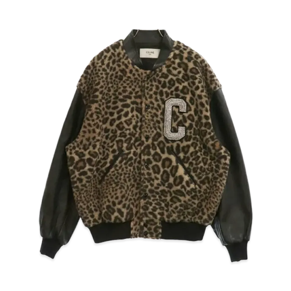 CELINE Embroidered Patch Leopard Print Fleece Teddy Jacket "Brown"