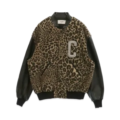 CELINE Embroidered Patch Leopard Print Fleece Teddy Jacket "Brown"
