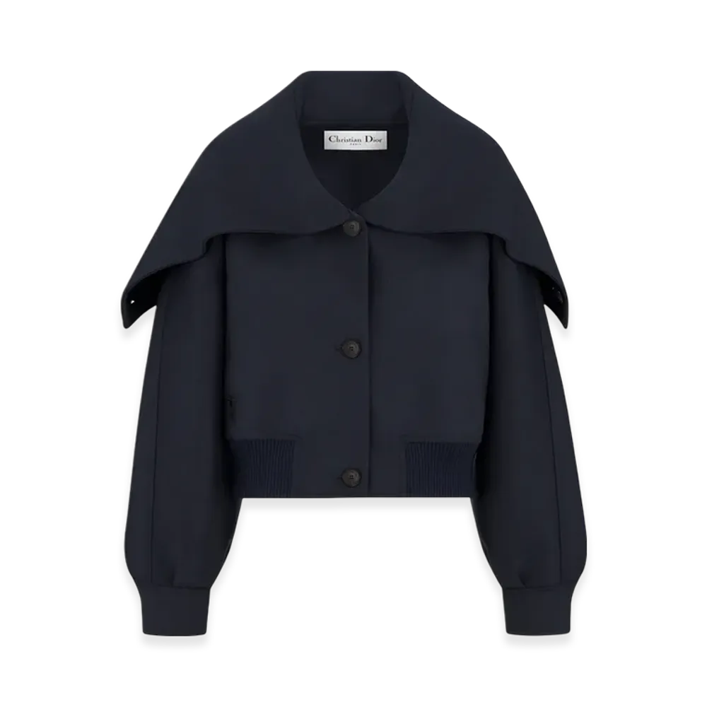 Dior Women's Double Sided Virgin Wool and Rabbit Fur Blend Felt with Miss Dior Graffiti Signature Bomber Jacket with Oversized Collar "Navy Blue"