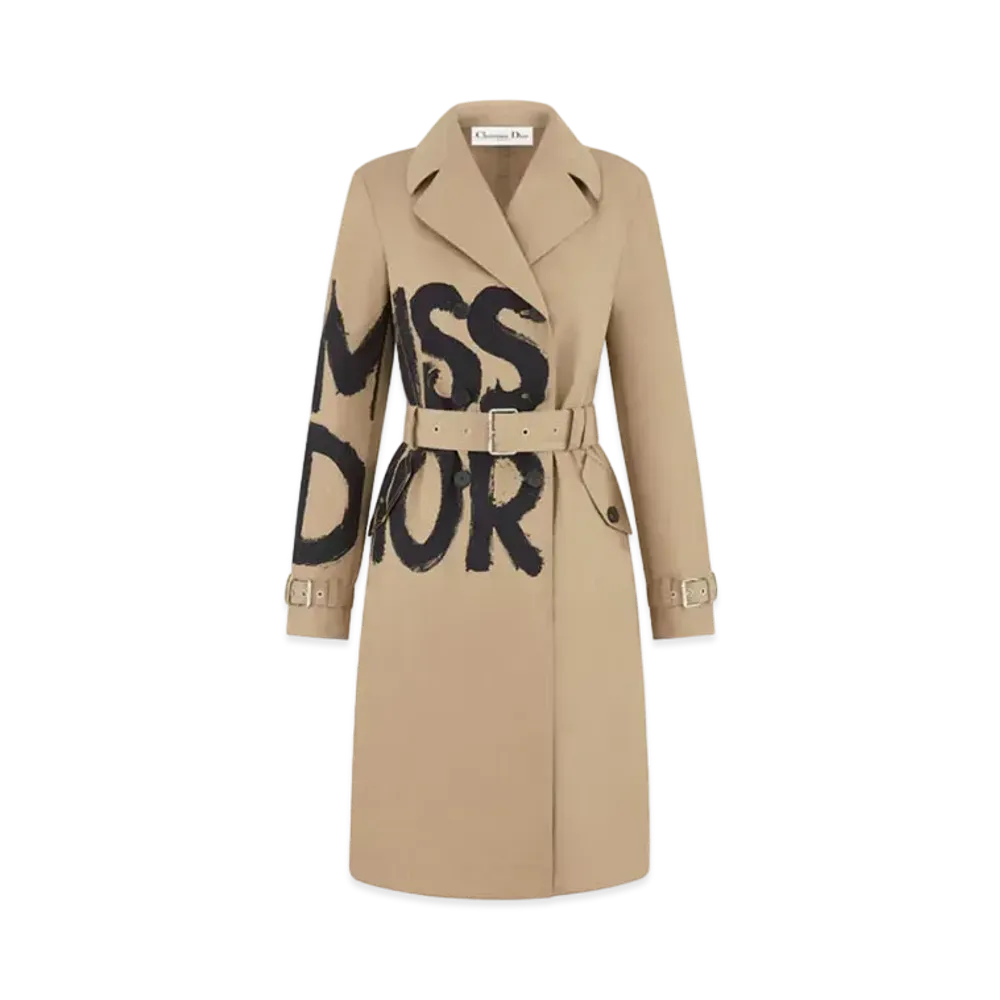 Dior Trench Coat Cotton Gabardine with Miss Dior Graffiti Motif "Black/Beige"