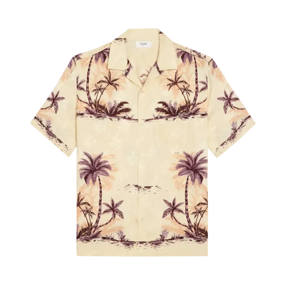 CELINE Men's Hawaiian Shirt in Printed Silk "Champagne/Rose/Marron"