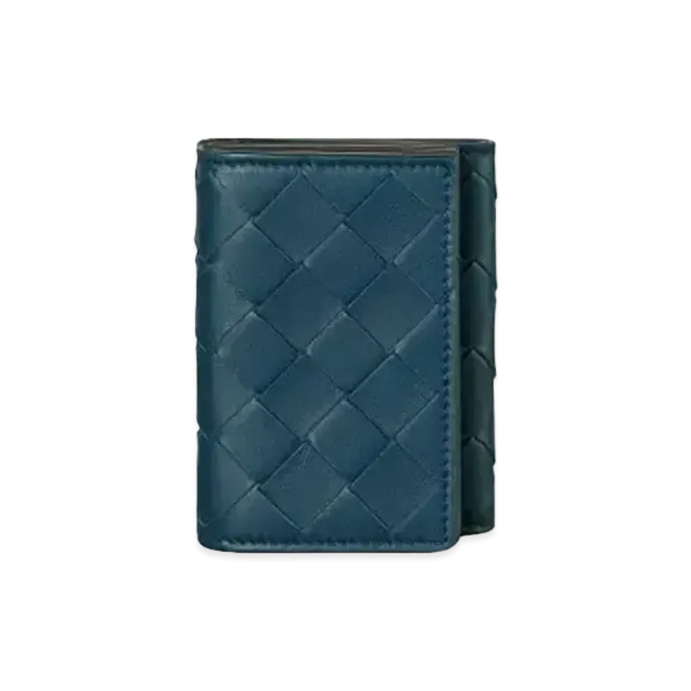 Bottega Veneta Intrecciato Calfskin Trifold Compact Wallet "Deep Blue"