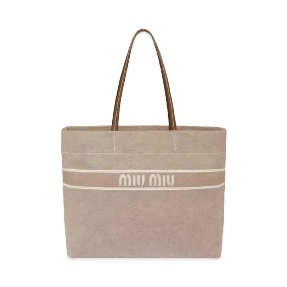 MIU MIU Denim Tote Bag With Jacquard Logo "Camel Brown"