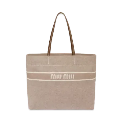 MIU MIU Denim Tote Bag With Jacquard Logo "Camel Brown"