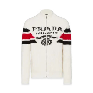 PRADA Jacquard Cashmere Cardigan "White"