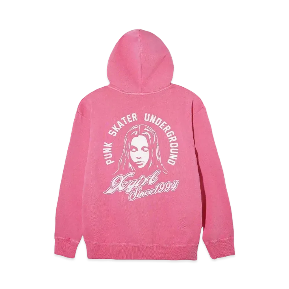 X-Girl Face & Cursive Logo Zip Up Sweat Hoodie "Pink"