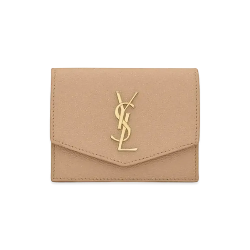 Saint Laurent Uptown Business-Card Case In Grain De Poudre Embossed Leather "Dark Beige"