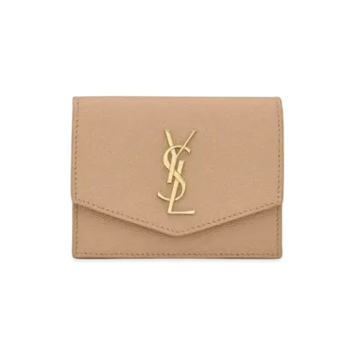 Saint Laurent Uptown Business-Card Case In Grain De Poudre Embossed Leather "Dark Beige"