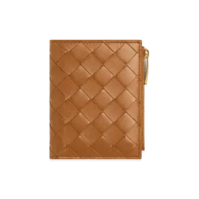 Bottega Veneta Intrecciato Lambskin Small Bi-fold Zippered Wallet "Wood"
