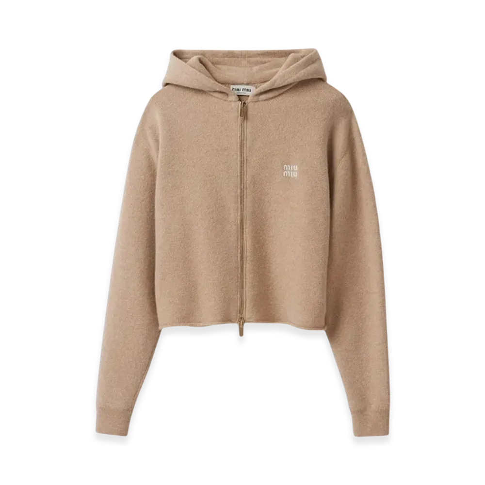 MIU MIU Women's Wool and Cashmere Hoodie Jacket "Sand Beige"