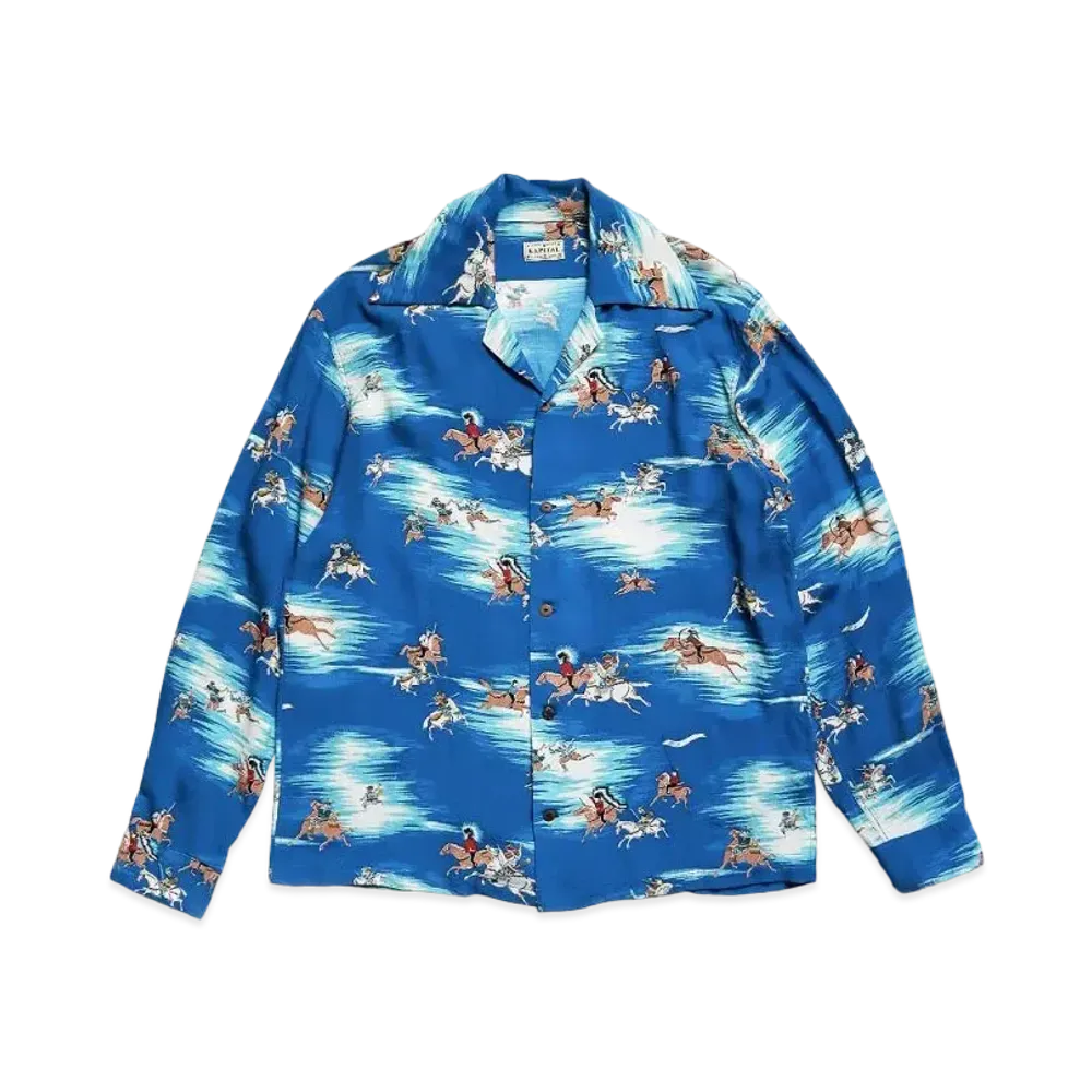 KAPITAL Rayon Kamikaze Pt Wrangle Color Open Collar Shirt "Blue"