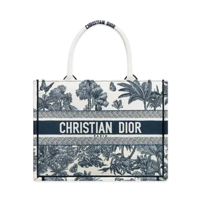Dior Dioriviera Medium Dior Book Tote Toile de Jouy Palms Embroidery "White/Blue"