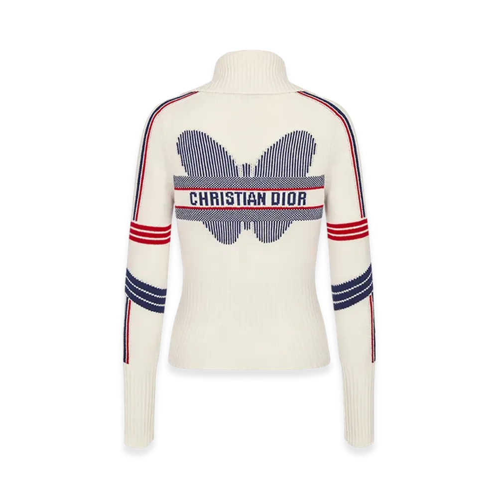 Dior Women's Dioralps Zipped Cardigan Wool Cashmere Knit Three Tone Butterfly Motif "White"