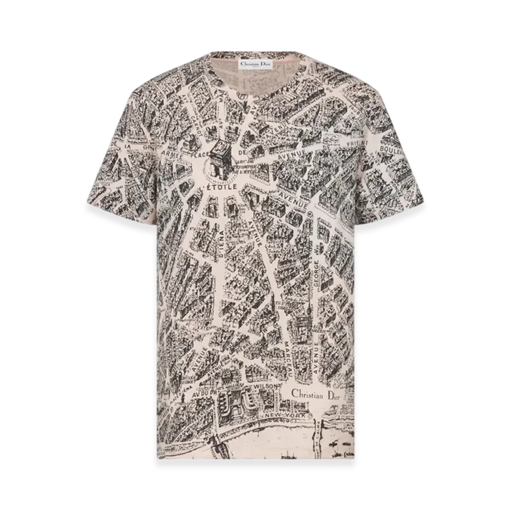 Dior Women's Cotton and Linen Jersey with Plan de Paris Motif T-Shirt "White/Navy Blue"