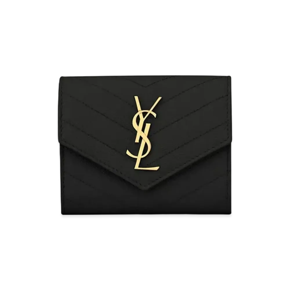 Saint Laurent Monogram Compact Tri Fold In Grain De Poudre Embossed Leather "Black"