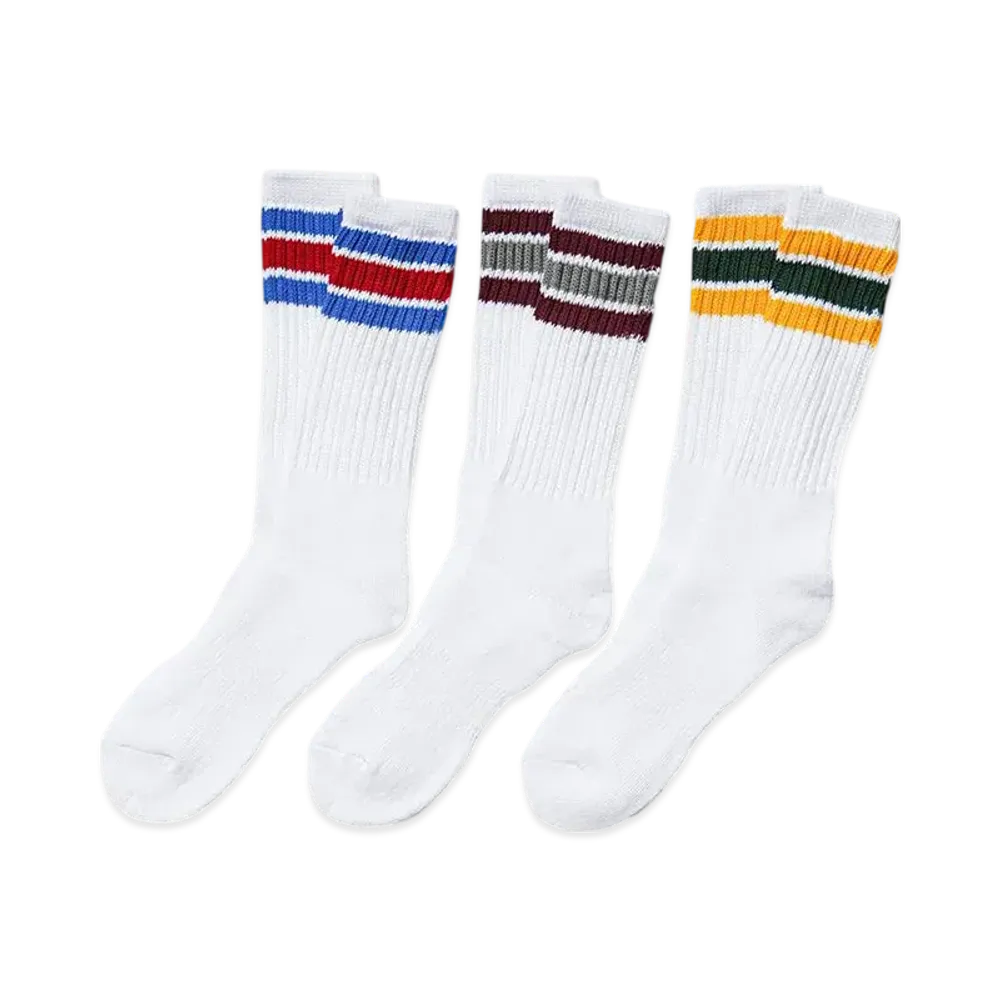 Healthknit 3-Pair Set Of 3-Color Stripe Crew Socks "Gold/Wine/Blue"