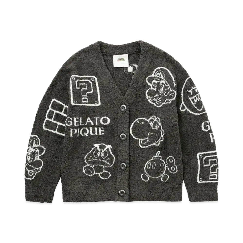 GELATO PIQUE x SUPER MARIO Ladies Baby Moco Assorted Jacquard Cardigan "Dark Gray"