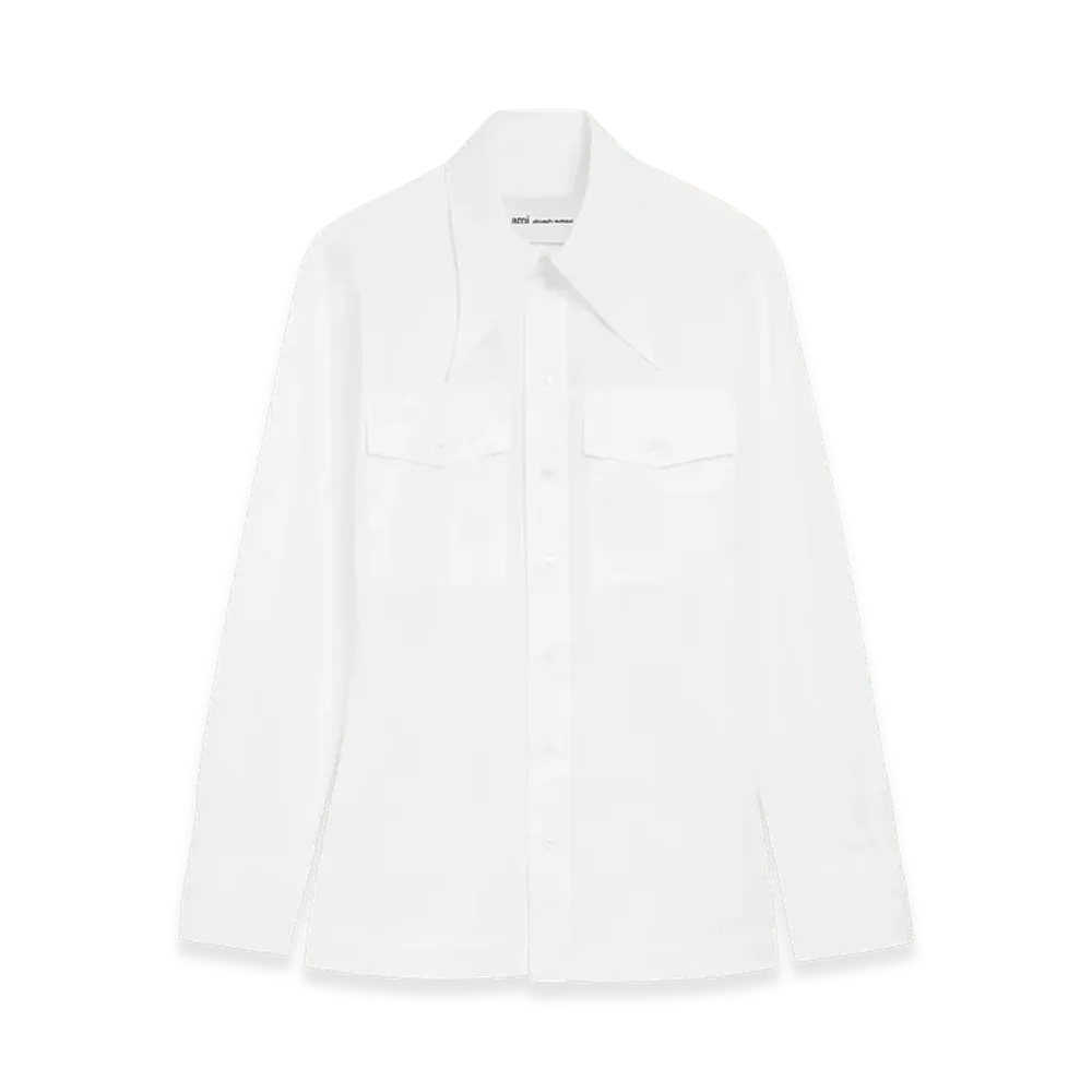 AMI PARIS Cotton Sharp Collar Fitted Shirt "White"
