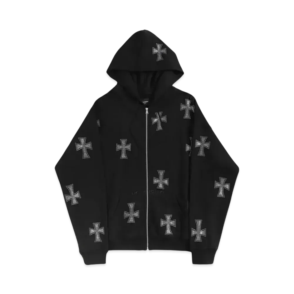 Unknown London Rhinestone Cross Zip Hoodie "Black"