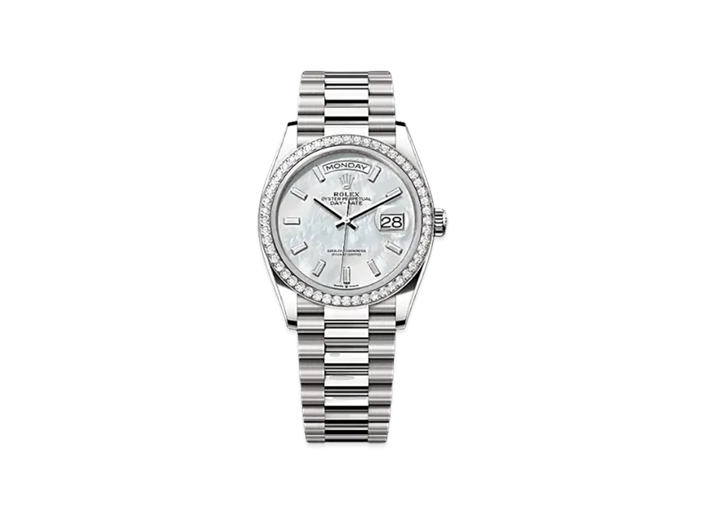 ROLEX Day-Date 36mm White Gold Diamond 128349RBR "White Mother-of-Pearl"