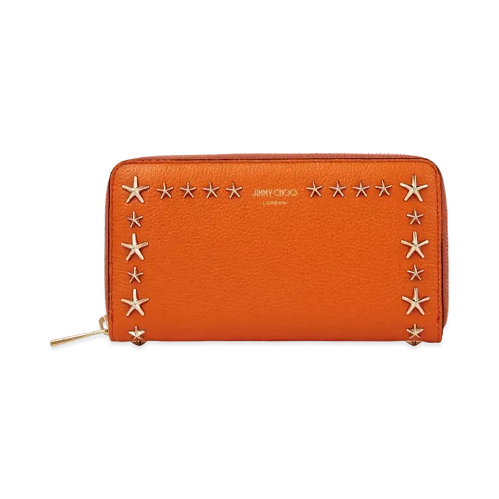 JIMMY CHOO PIPPA Soft Grainy Calf Leather Wallet With Star Studs "Amber Orange"