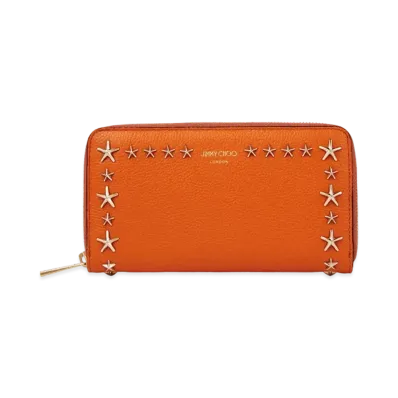 JIMMY CHOO PIPPA Soft Grainy Calf Leather Wallet With Star Studs "Amber Orange"