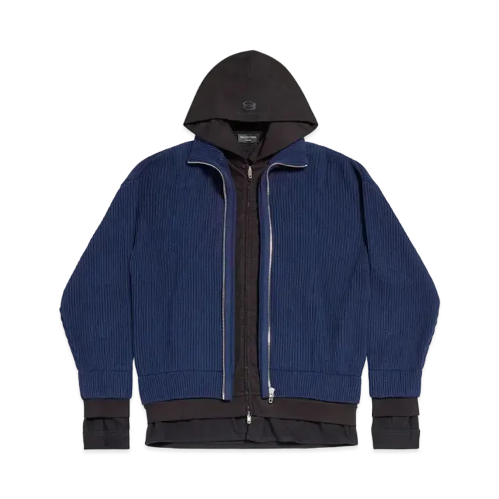 BALENCIAGA Men's Unity Sports Icon Layered Zip-Up Hoodie Oversized "Dark Blue"