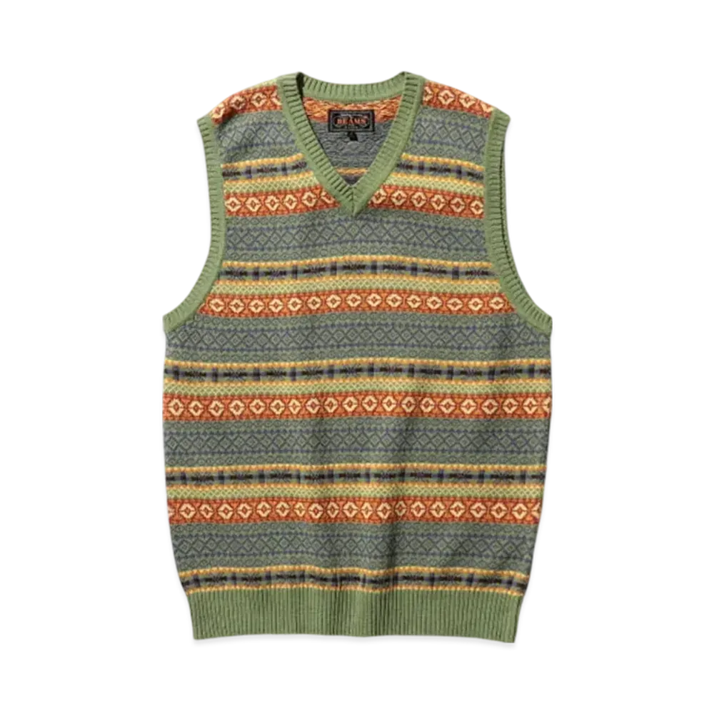 BEAMS Cotton (Linen) Vest Fair Isle Pattern "Green"